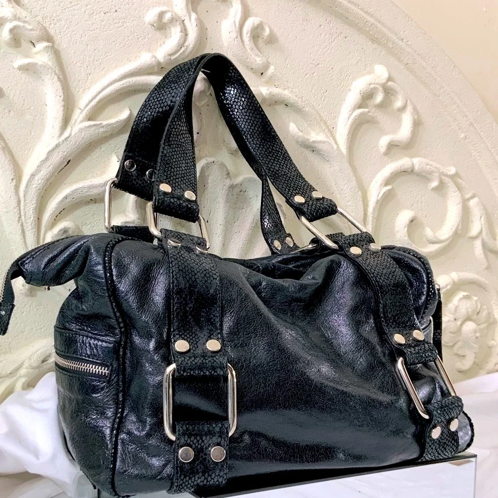 Python Embossed Leather Satchel Shoulder Bag